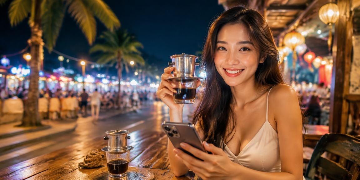 Người dùng tại Nha Trang thư giãn trong quán cà phê và truy cập casino trên điện thoại